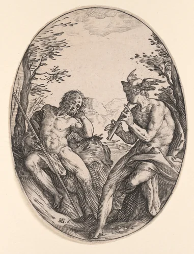 Mercury and Argus by Hendrick Goltzius, print, 1580-1590