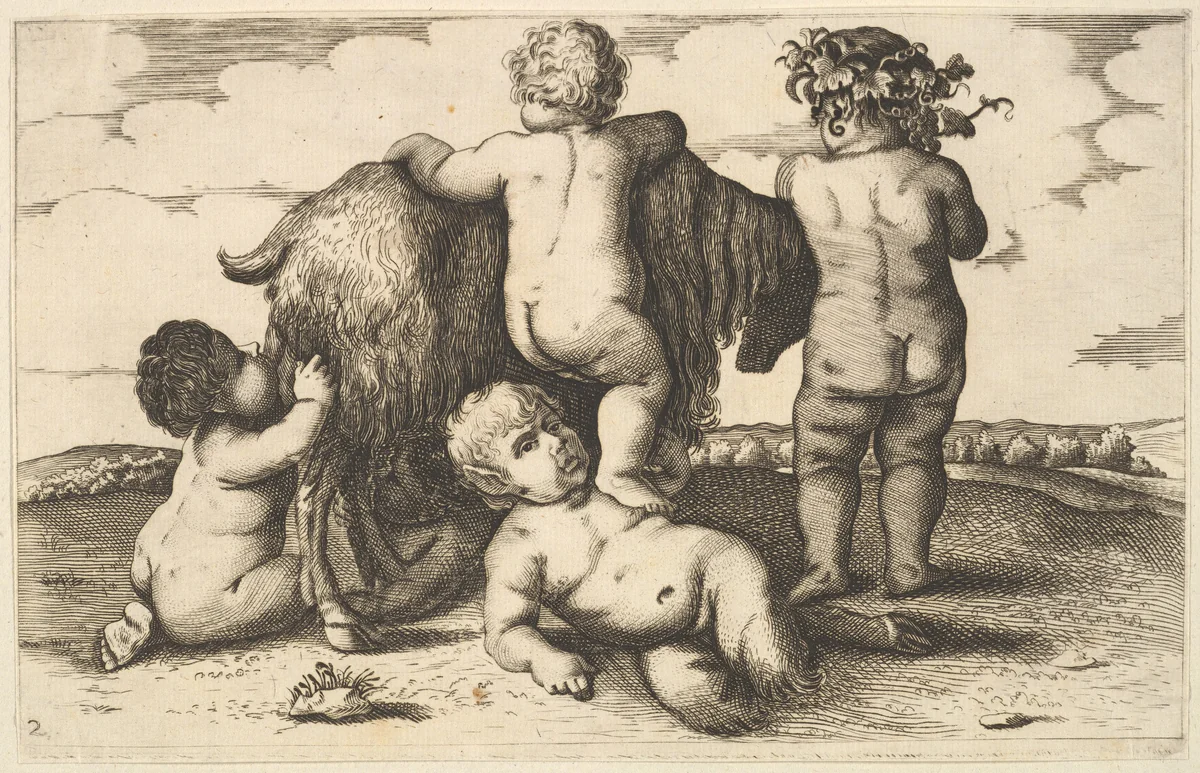 Four boys, a young satyr and a goat (copy in reverse) by Wenceslaus Hollar, print, 1650-1700