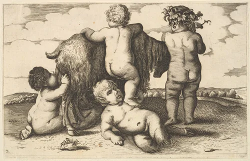 Four boys, a young satyr and a goat (copy in reverse) by Wenceslaus Hollar, print, 1650-1700