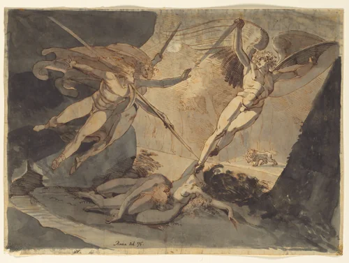 Satan Starts from the Touch of Ithuriel's Spear by Henry Fuseli, drawing, 1776