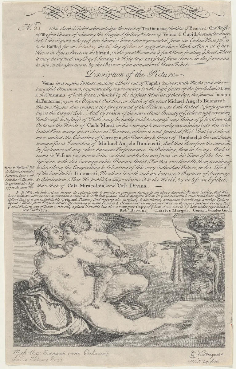Raffle Ticket for the Painting of Venus and Cupid after Michelangelo by Gerard Vandergucht, print, 1734
