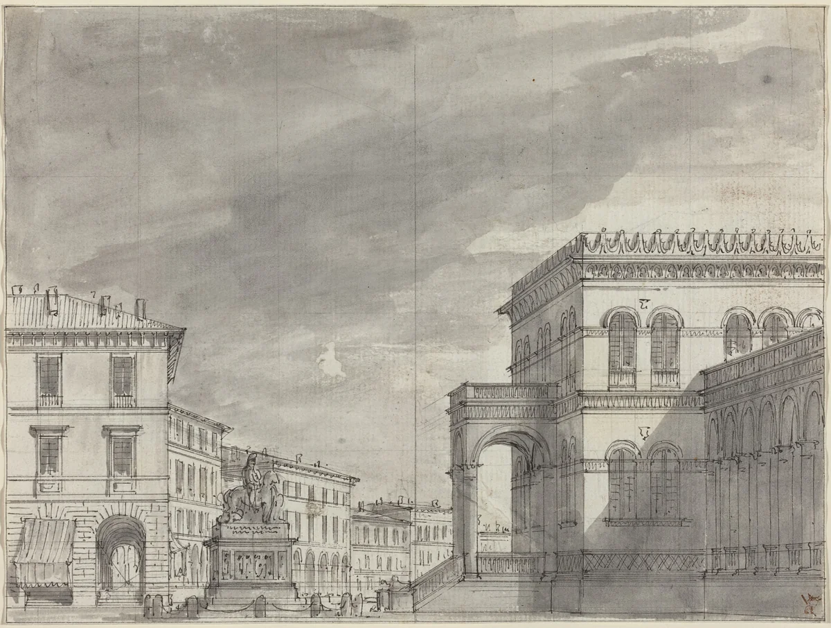 Piazza with an Equestrian Monument and a Palace by Alessandro Sanquirico, drawing, 1810