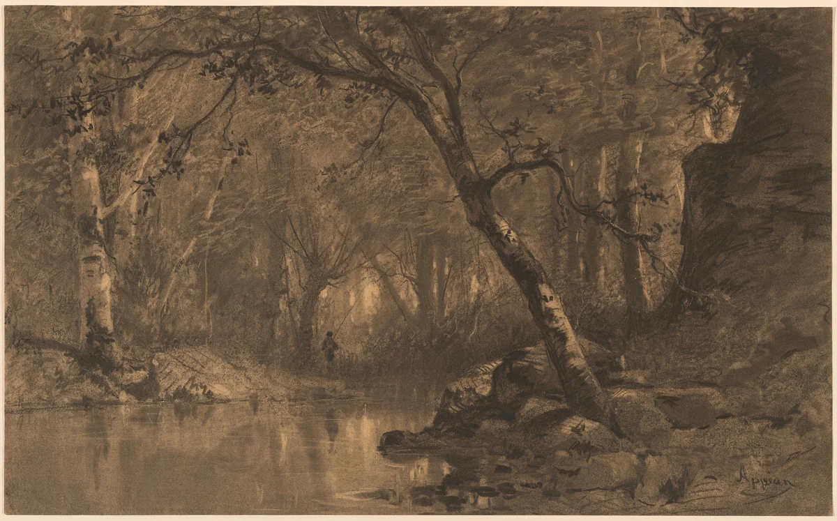 A Woodland River with a Fisherman by Adolphe Appian, drawing, 1818-1898
