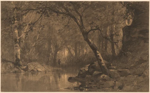 A Woodland River with a Fisherman by Adolphe Appian, drawing, 1818-1898