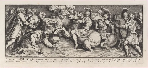 Moses parting the Red Sea as the Pharoah's army drowns, after Raphael's Stanza di Eliodoro, from a series of 15 plates, depicting Raphael's works for the Vatican stanze and the Sistine Chapel tapestries by Pietro Santi Bartoli, print, 1650-1670