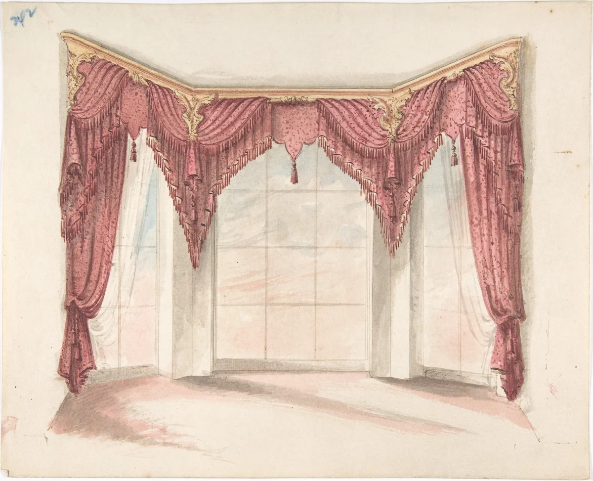 Design for Red Curtains with Red Fringes and a Gold Pediment by anonymous, drawing, 1800-1850