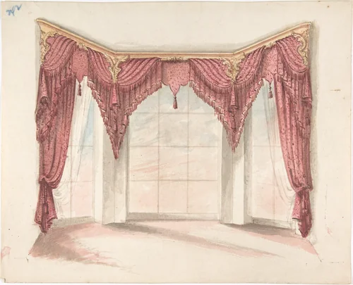 Design for Red Curtains with Red Fringes and a Gold Pediment by anonymous, drawing, 1800-1850