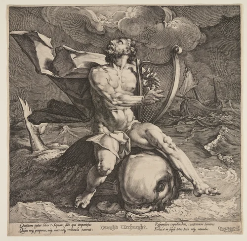 Arion on a Dolphin by Jan Harmensz. Muller, print, 1585-1595