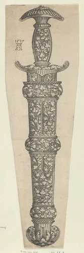 Dagger Sheath Decorated with Tendrils and Two Profiles by Heinrich Aldegrever, print, 1537