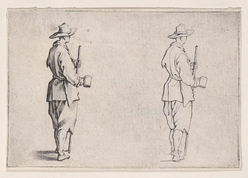 Le Paysan Tenant un Gobelet (The Peasant Holding a Cup), from Les Caprices Series A, The Florence Set by Jacques Callot, print, 1617