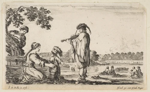 A man playing the violin in center, turned towards the left in profile, a seated woman to left playing with her dancing child, another woman standing and pointing behind a tree to left, seated women in a landscape to right in the background, from "Various figures and lands" (Diverse figure e paesi) by Stefano della Bella, print, 1649