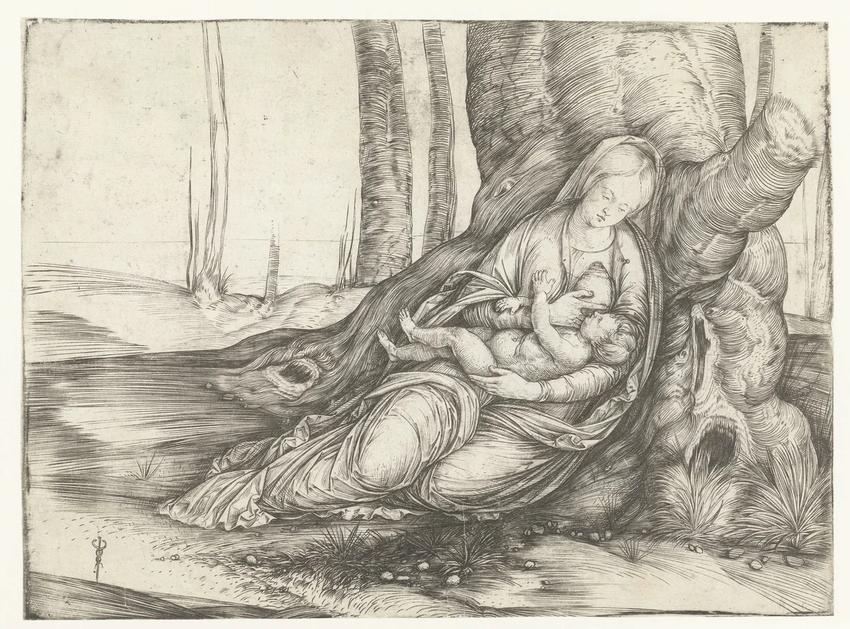 Maria met kind aan borst zit voor voet van boom by Unknown, print, 1498-1503