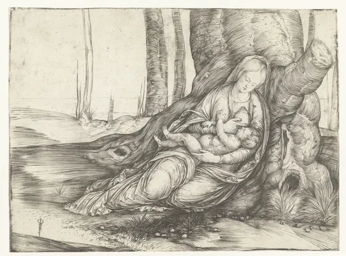 Maria met kind aan borst zit voor voet van boom by Unknown, print, 1498-1503