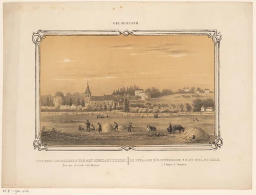 Gezicht op Oosterbeek met hooiende figuren by Frederik Lodewijk Huygens, print, 1812-1887