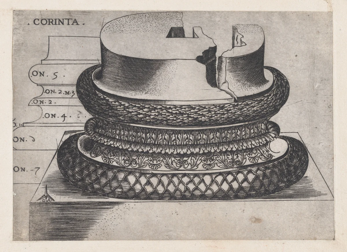 Corinthian base from the Lateran Baptistery, Rome, from "Speculum Romanae Magnificentiae" by Monogrammist G.A. with the Caltrop, print, 1534-1540