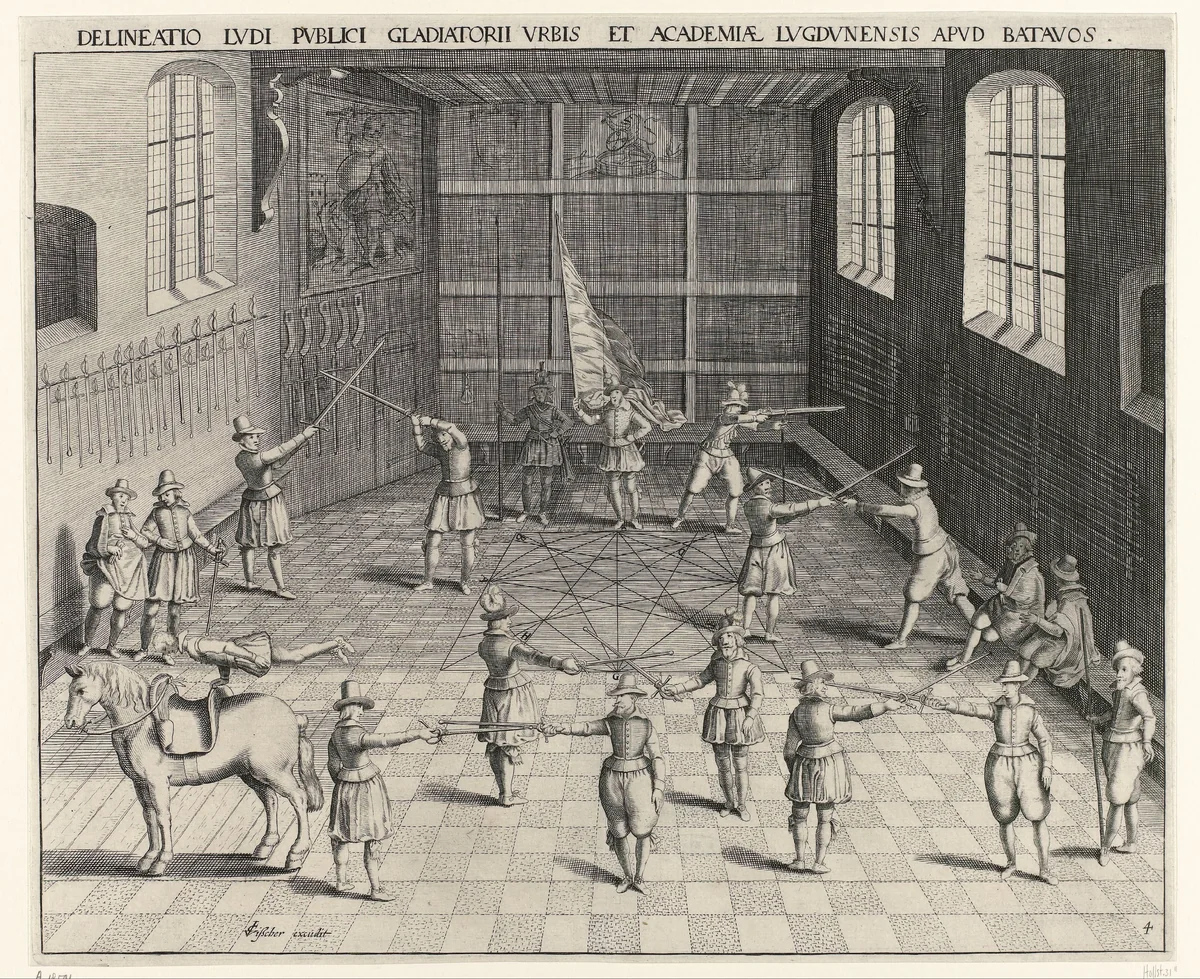 Schermschool van de Universiteit van Leiden by Willem Isaacsz. van Swanenburg, print, 1610