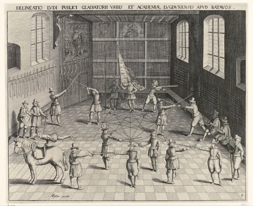Schermschool van de Universiteit van Leiden by Willem Isaacsz. van Swanenburg, print, 1610
