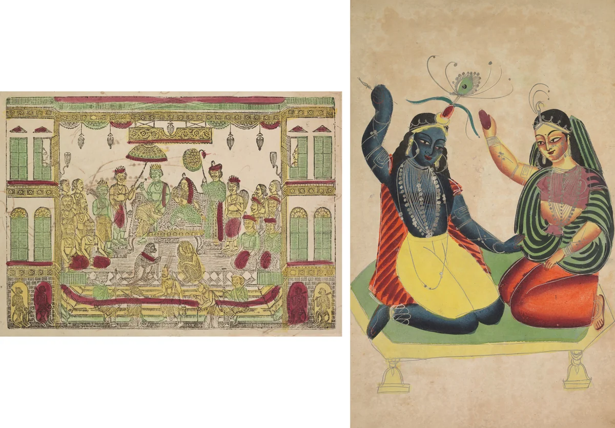 Leaf from a Kalighat album: Rama and Sita in the Royal Palace (recto); Radha and Krishna (verso) by Shri Gobinda Chandra Roy, print, 1875-1905