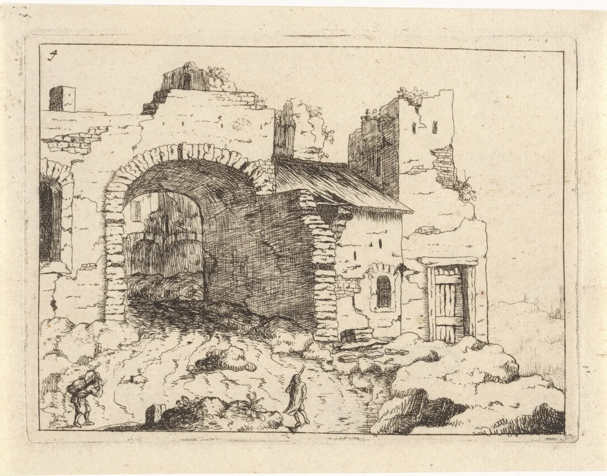 Pad naar een vervallen toegangspoort by M. Schaep, print, 1648