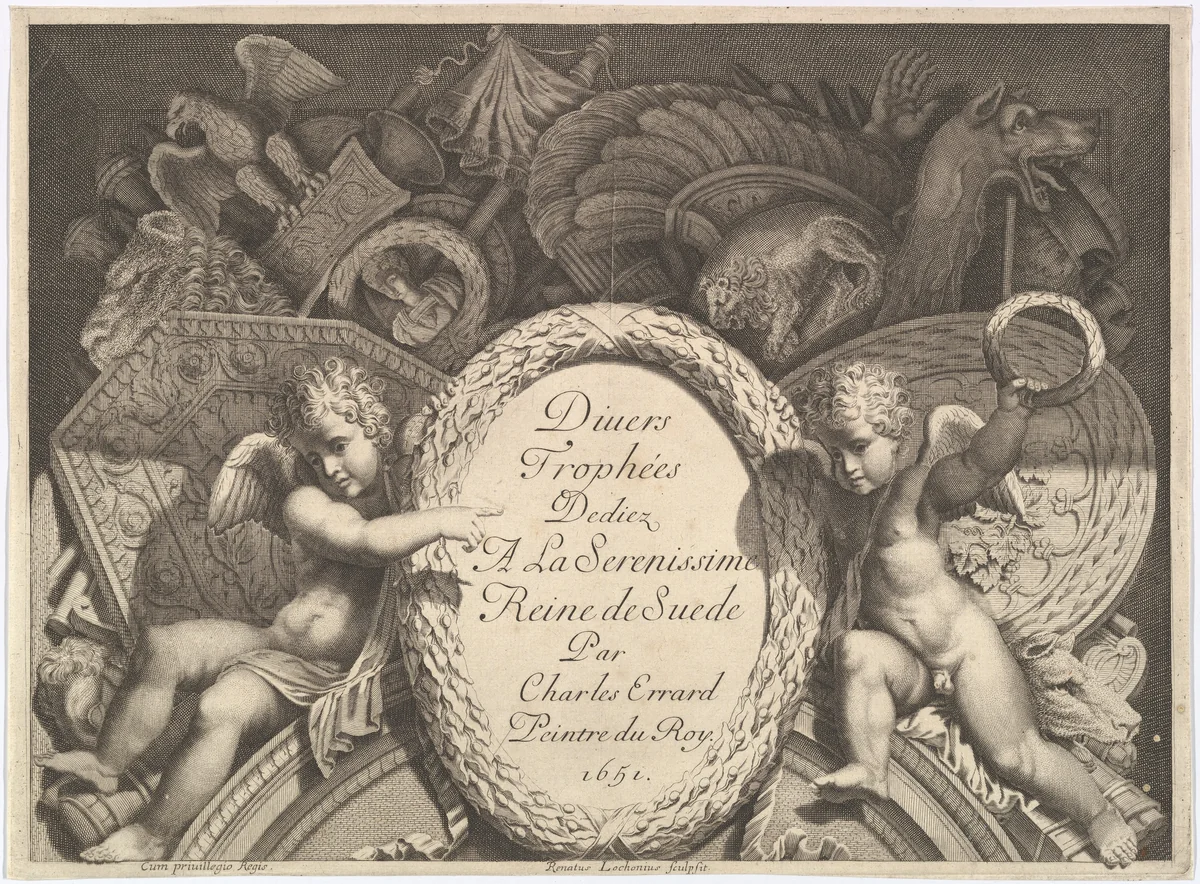 Title page of "Divers Trophées" (Weapon Trophies after the Façade of Palazzo Milesi in Rome) by Polidoro da Caravaggio, print, 1651