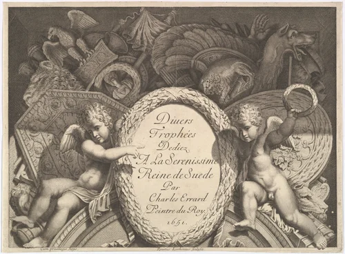 Title page of "Divers Trophées" (Weapon Trophies after the Façade of Palazzo Milesi in Rome) by Polidoro da Caravaggio, print, 1651