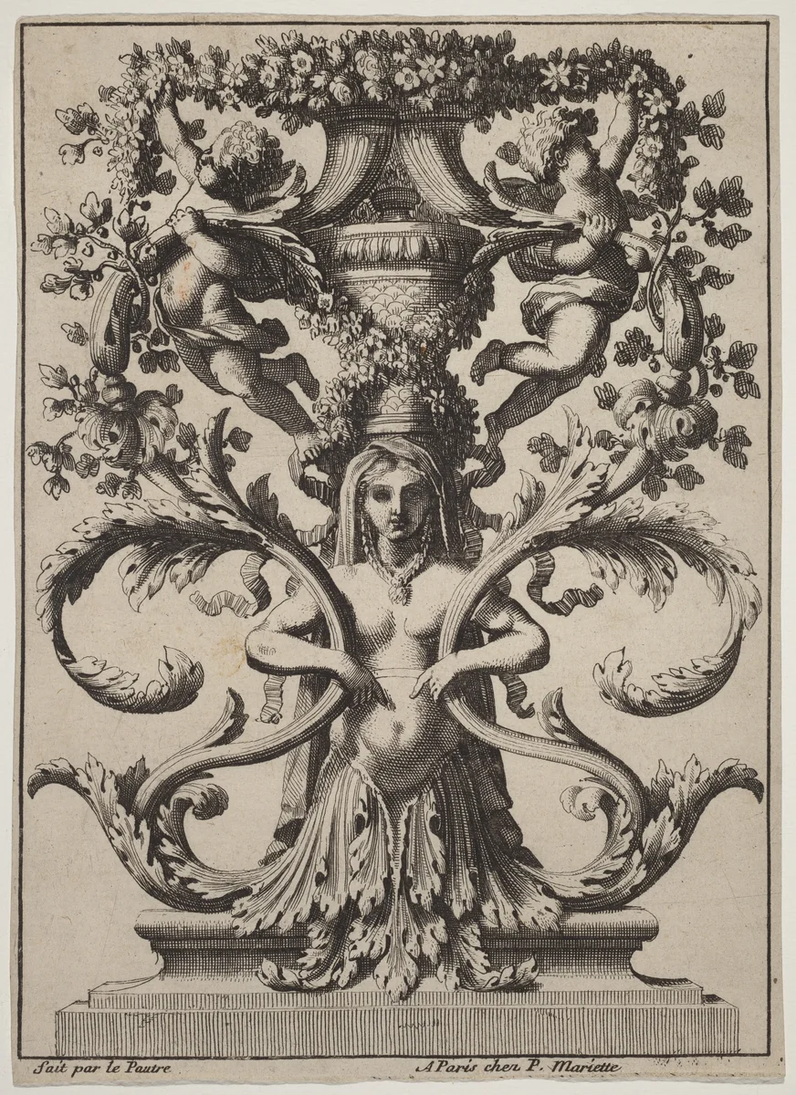 Ornament with a Woman Turning to Foliage by Jean Lepautre; Pierre Mariette II, print, 1618-1682