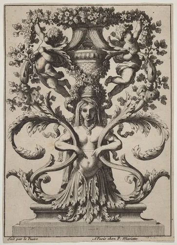 Ornament with a Woman Turning to Foliage by Jean Lepautre; Pierre Mariette II, print, 1618-1682