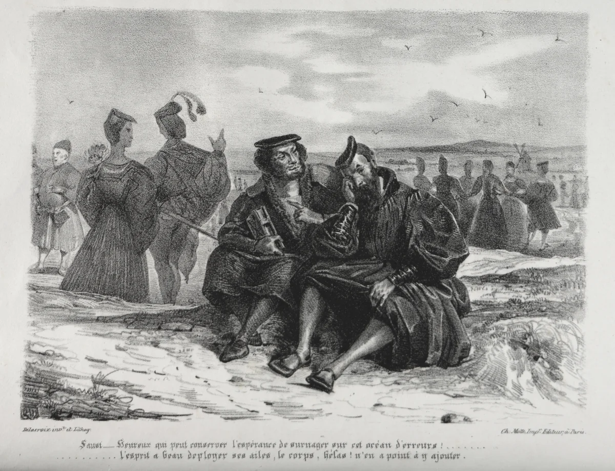 Illustrations for Faust: Faust and Wagner by Eugène Delacroix, print, 1828