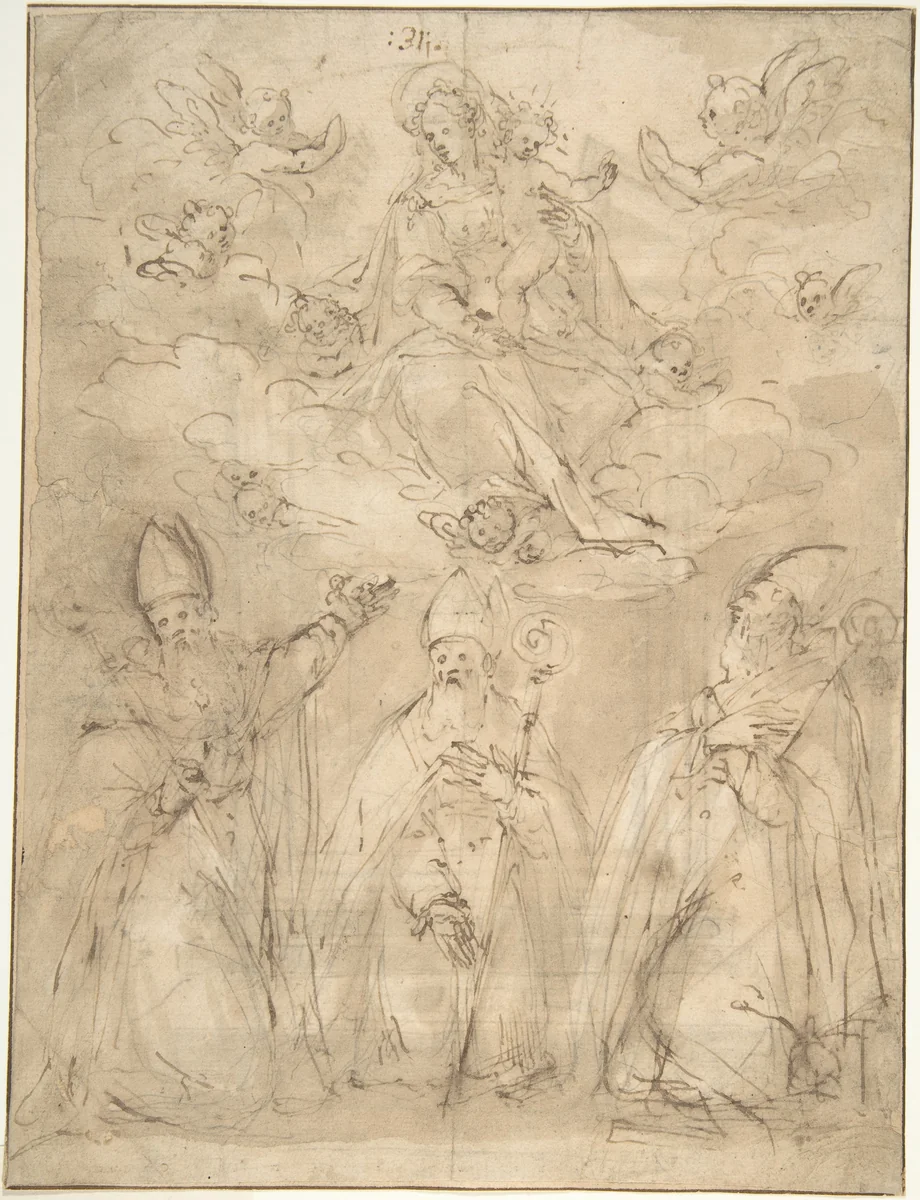 Virgin and Child Worshipped by Three Bishops by anonymous, drawing, 1500-1600