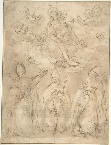 Virgin and Child Worshipped by Three Bishops by anonymous, drawing, 1500-1600
