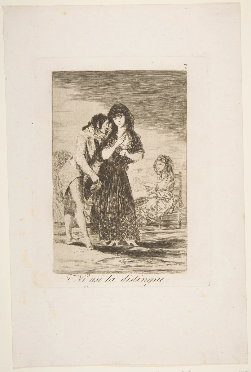 Even thus he cannot make her out (Ni asi la distingue), plate 7 from "Los Caprichos" by Goya, print, 1799