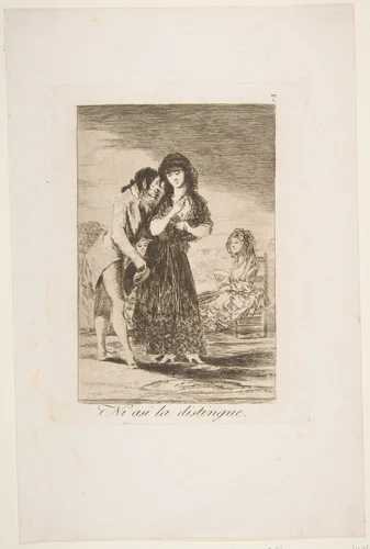 Even thus he cannot make her out (Ni asi la distingue), plate 7 from "Los Caprichos" by Goya, print, 1799