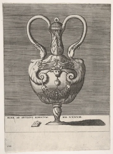 Antique Lidded Vase with Two Handles emerging from the Heads of Hybrid Female Sphinxes, from "Vases after the Antique" by Enea Vico, print, 1543-1573