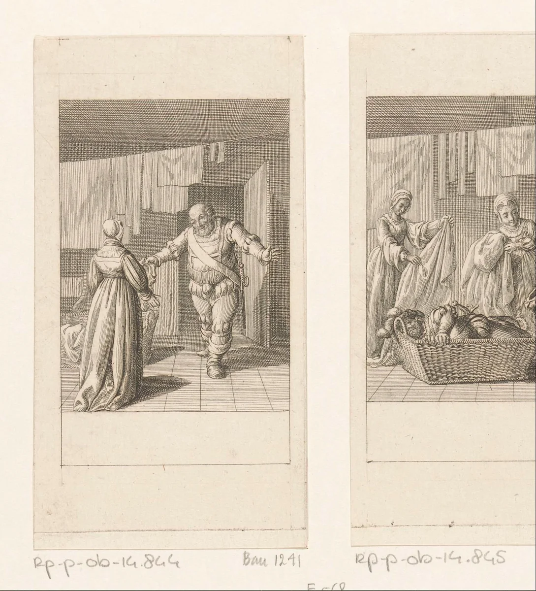Falstaff en mevrouw Ford in de waskamer by Daniel Nikolaus Chodowiecki, print, 1786