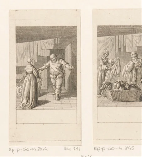 Falstaff en mevrouw Ford in de waskamer by Daniel Nikolaus Chodowiecki, print, 1786