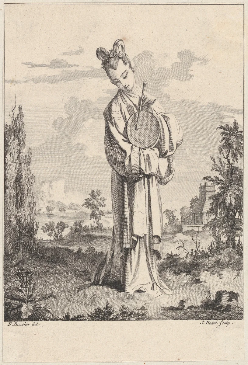 Chinoiserie with a woman playing a gong, from Suite de Figures Chinoises. . .Tiré du Cabinet de Mr. d'Azaincourt (Series of Chinoiserie Figures. . .From the Chambers of Mr. d'Azaincourt) by Jean-Pierre-Louis-Laurent Hoüel, print, 1755-1776