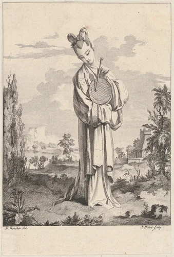 Chinoiserie with a woman playing a gong, from Suite de Figures Chinoises. . .Tiré du Cabinet de Mr. d'Azaincourt (Series of Chinoiserie Figures. . .From the Chambers of Mr. d'Azaincourt) by Jean-Pierre-Louis-Laurent Hoüel, print, 1755-1776