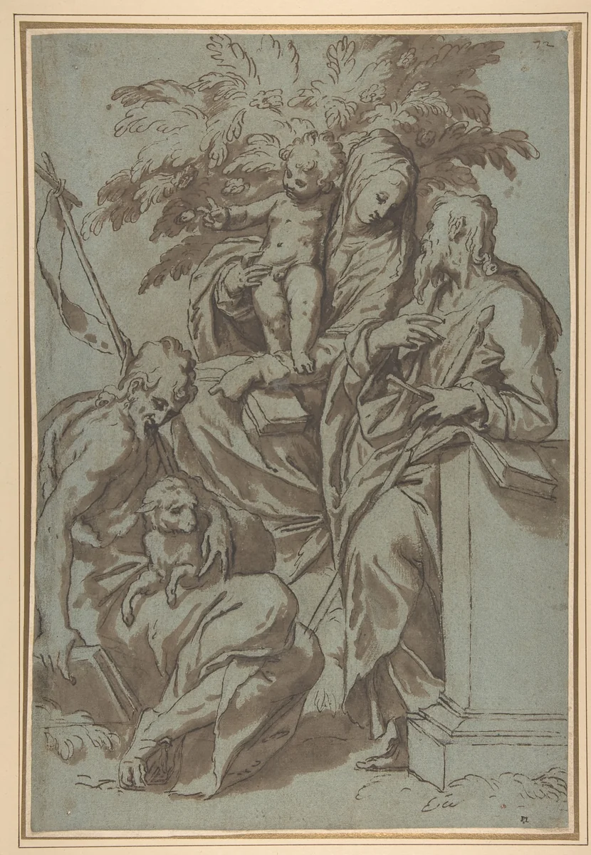 Virgin and Child with Saint John the Baptist and Saint Paul by Paolo Farinati, drawing, 1524-1606