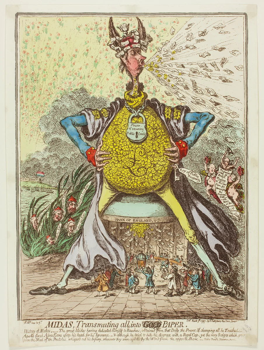Midas, Transmuting All, Into Paper by James Gillray, print, 1797