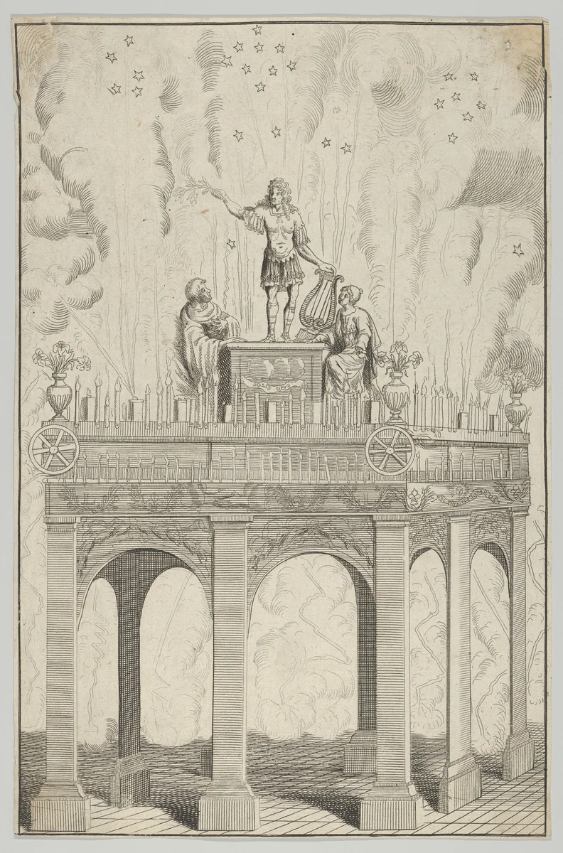 Triumphal arch with sculpture of Louis XIV as Apollo and fireworks in the background by anonymous, print, 1600-1699