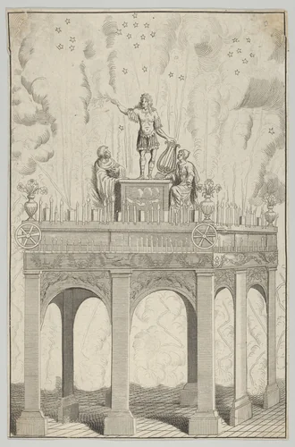 Triumphal arch with sculpture of Louis XIV as Apollo and fireworks in the background by anonymous, print, 1600-1699