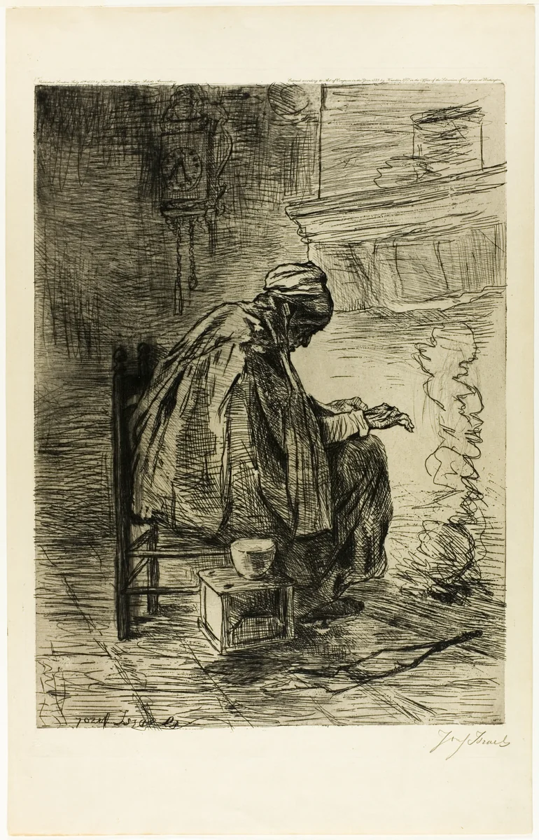 Old Woman Warming her Hands by Jozef Israëls, print, 1883