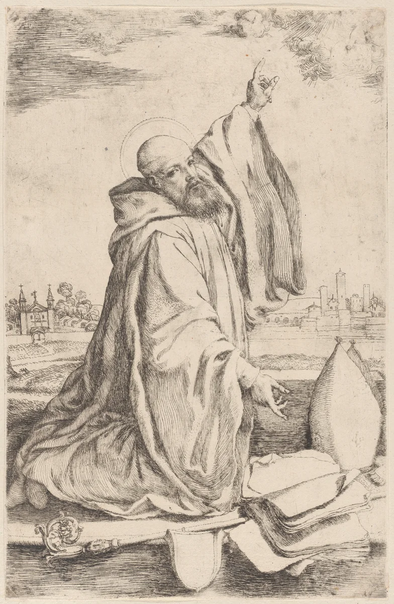 A sainted bishop of the Benedictine order kneeling towards the right and pointing at the heavens by Giuseppe Caletti, print, 1620-1630