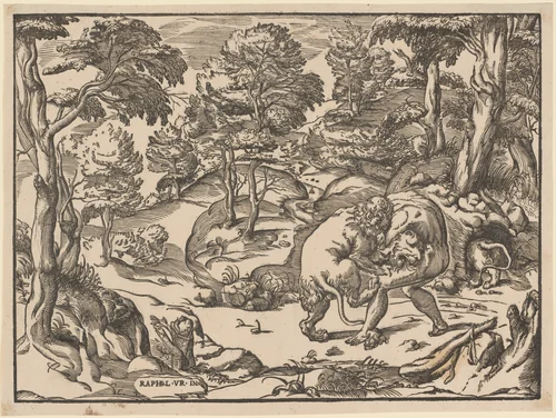 Hercules and the Nemean Lion by Nicolò Boldrini, print, 1566