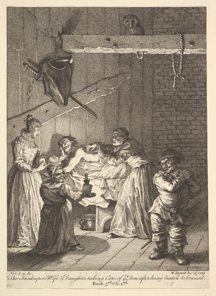 The Innkeeper's Wife & Daughter taking Care of ye Don after being beaten & bruised (Six Illustrations for Don Quixote) by William Hogarth, print, 1756