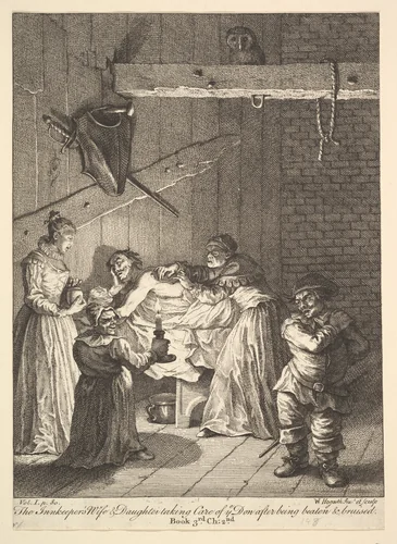 The Innkeeper's Wife & Daughter taking Care of ye Don after being beaten & bruised (Six Illustrations for Don Quixote) by William Hogarth, print, 1756
