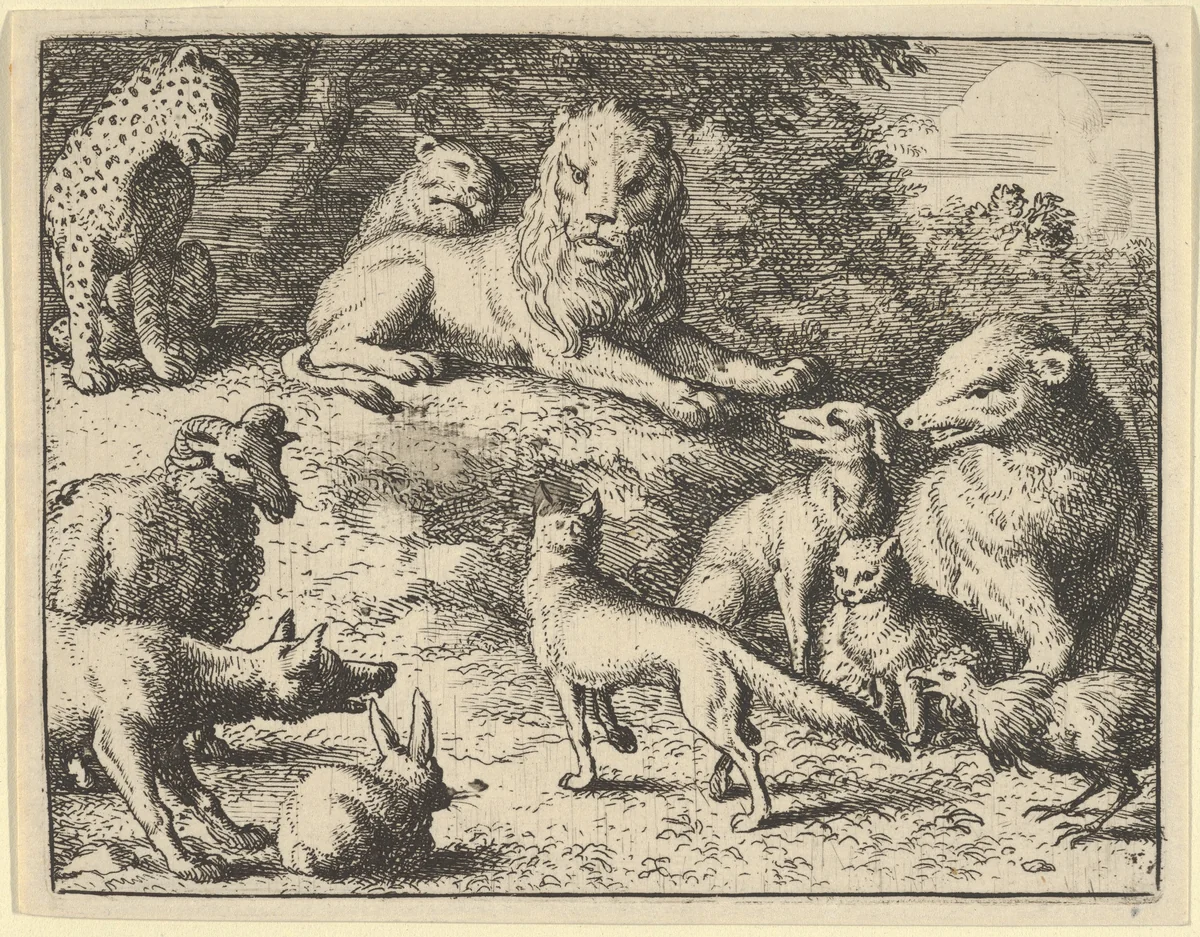 Renard is Accused by the Animals Before the Lion from Hendrick van Alcmar's Renard The Fox by Allart van Everdingen, print, 1650-1675
