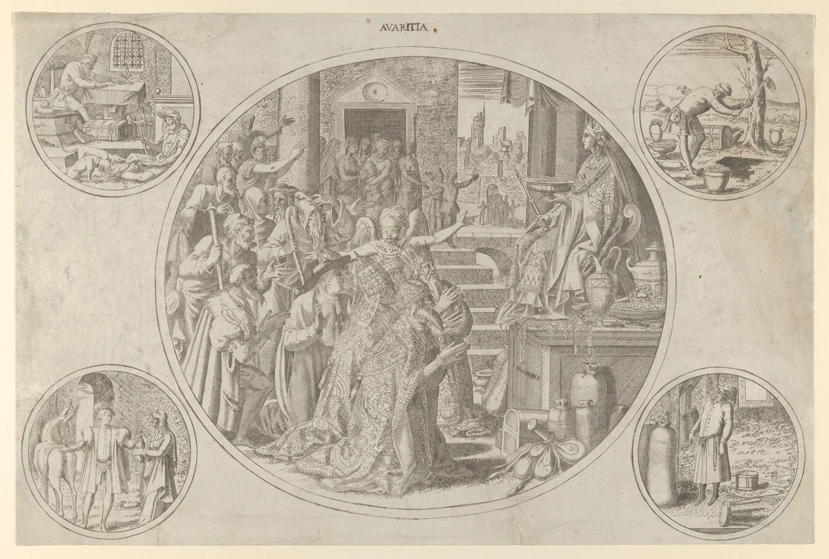 Avarice, from "Seven Deadly Sins" by Léon Davent, print, 1542-1552