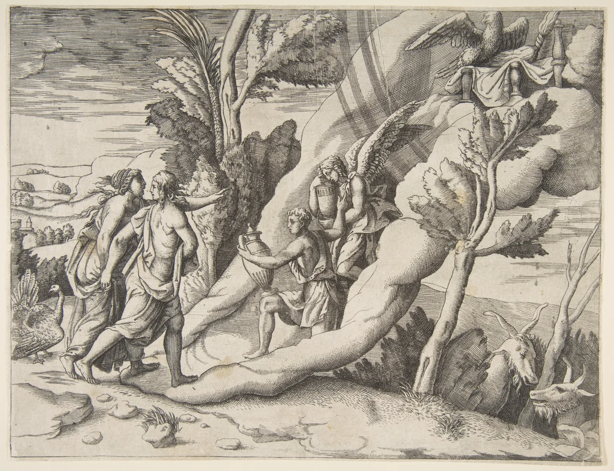 Jupiter and Juno being received in the heavens by Ganymede and Hebe, from "Division of the Universe" by Giulio Bonasone, print, 1531-1576