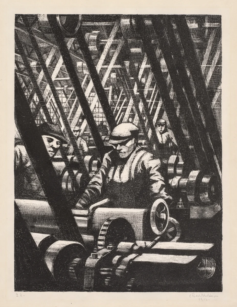 Building Aircraft: Making the Engine by Christopher Nevinson, print, 1912-1922